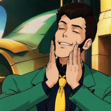 11126-3361825893-, lupin, FeelsGood, closed eyes,  , hands on face, closeup, 1boy, green jacket, yellow tie, black shirt.png